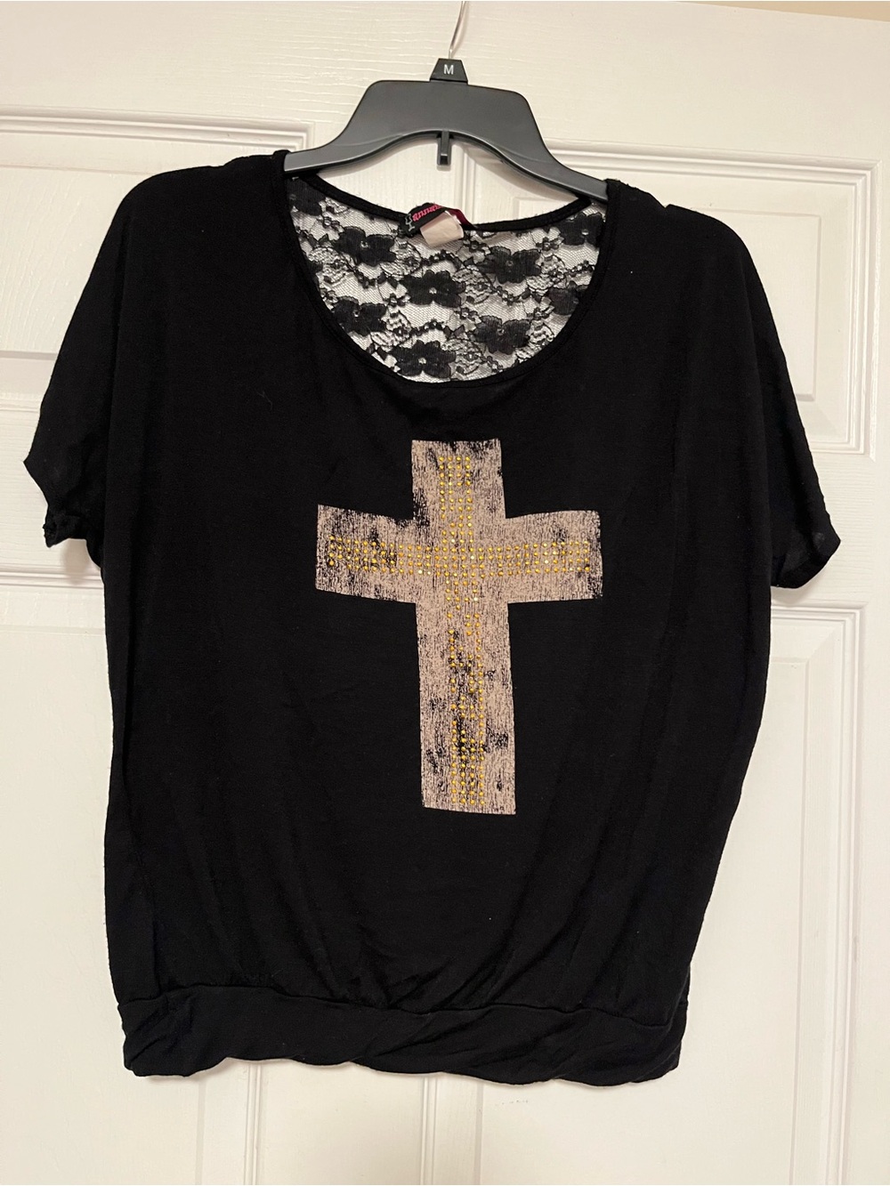 Annabelle Black Short Sleeve Top with Gold Cross Detail